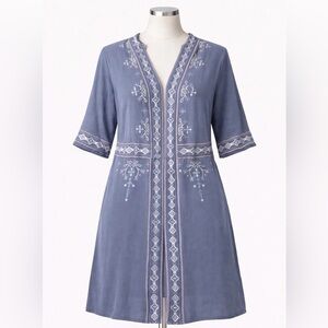 Knox Rose Dusty Blue Boho Embroidered Kimono Open Front Flowy Rayon Duster Large